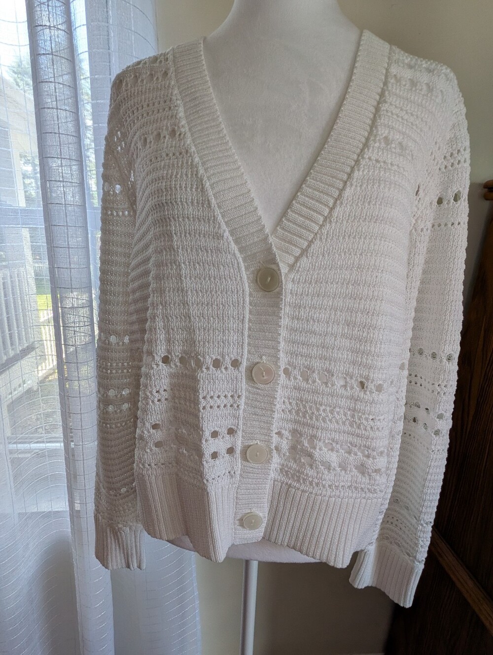 Express White Open-Knit Button Front Cardigan